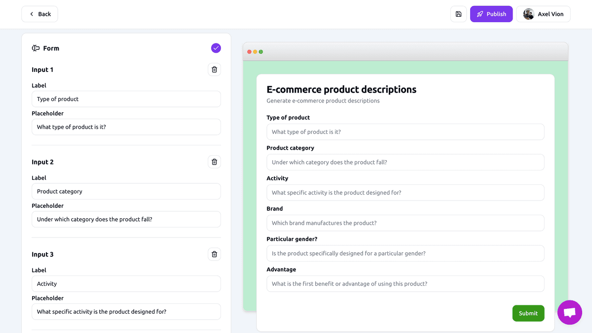 Taillio step 1 - create form