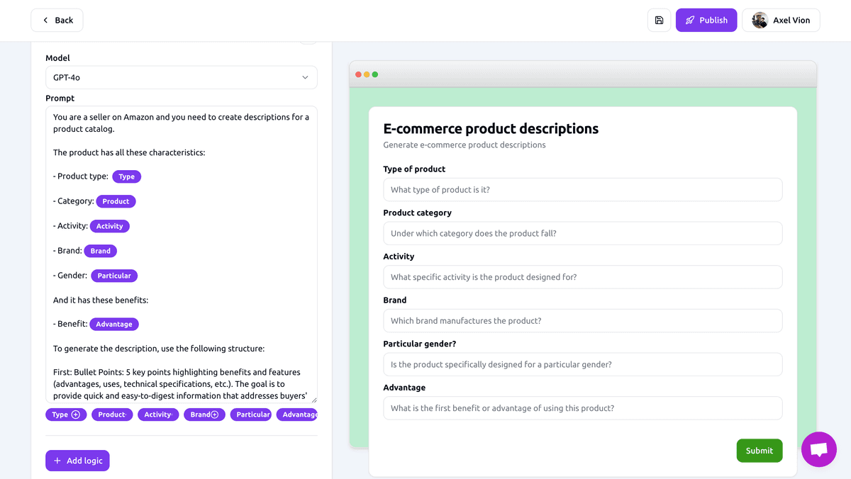 Taillio step 1 - create form