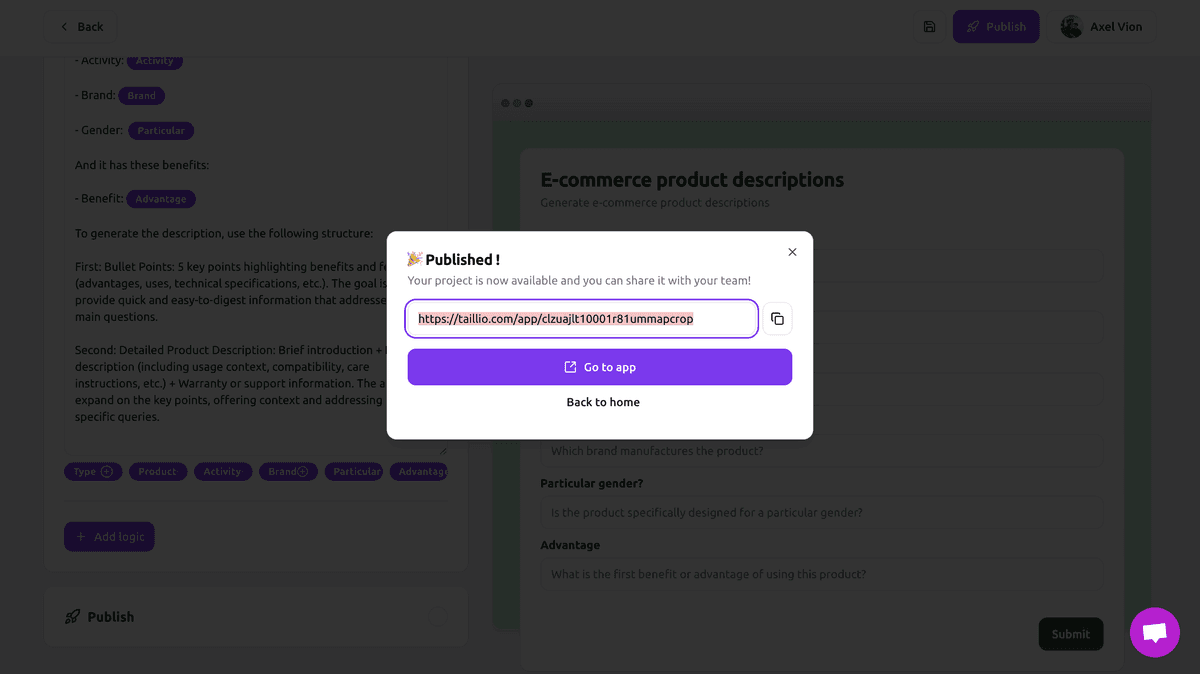 Taillio step 1 - create form